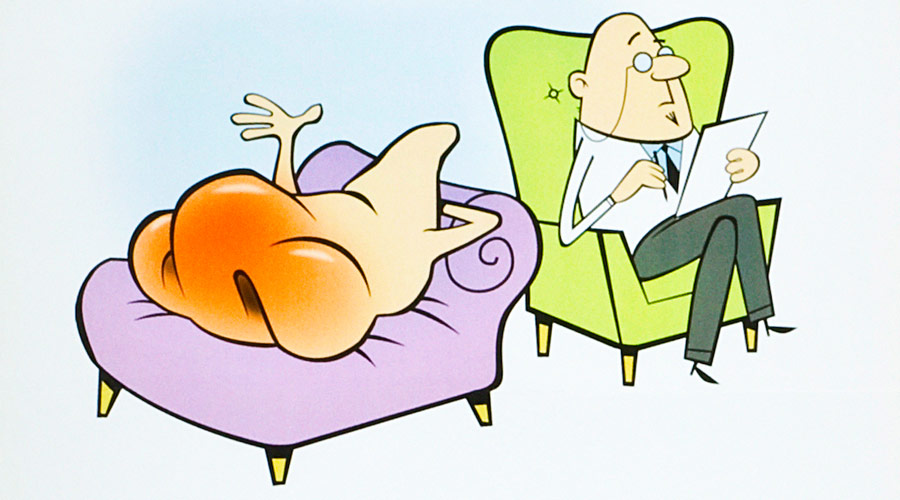 Illustration of a therapist sitting in a chair listening to a red nose talk about his problems