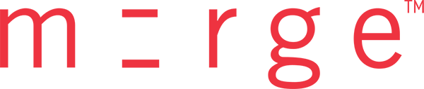 Merge Logo - Salmon sans-serif type with white + in stylized letter E