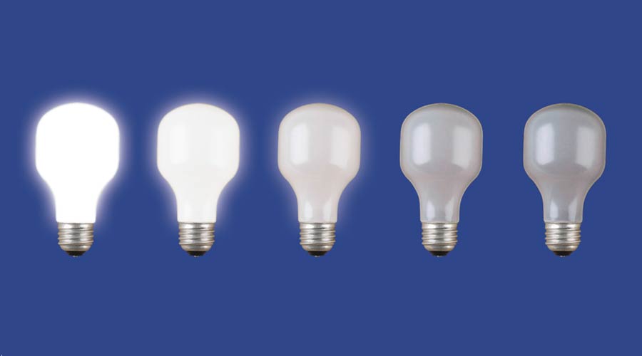 Photo of five lightbulbs in different stages of brightness on a blue background
